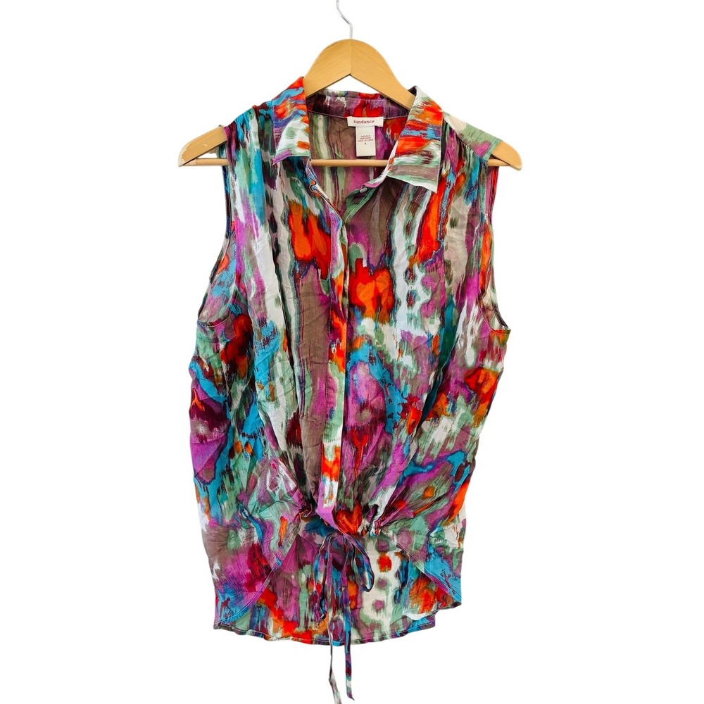 Sundance Silk Button Up Top Womens L‎ Watercolor Colorful Boho Art to Wear